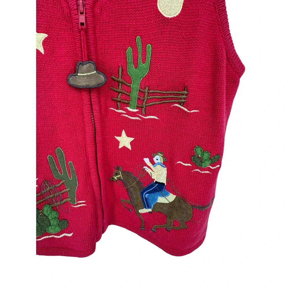 Tiara‎ International Sweater Vest Large Red Western Cowgirl Cactus Zip Vintage